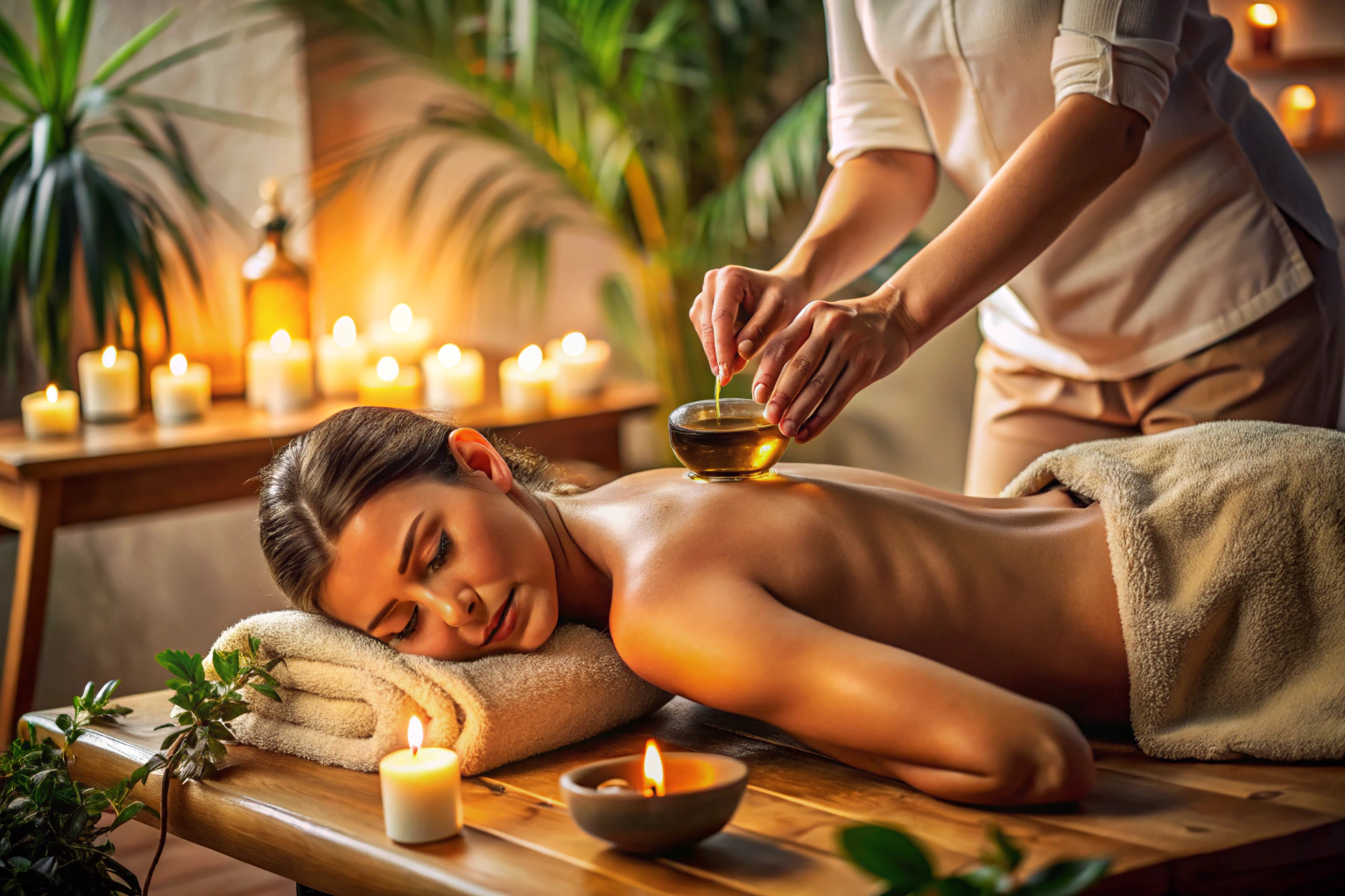 Eine Person, die eine ayurvedische Massage auf einem Massagetisch erhält, mit sanften Händen, die warmes Öl auf den Rücken auftragen, in einem gedämpft beleuchteten Raum mit natürlichen Elementen wie Töpfern und Pflanzen