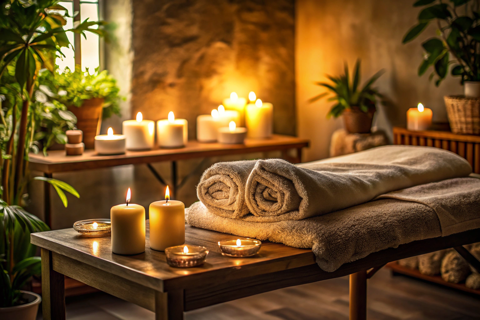 Eine ruhige und einladende Massagepraxis mit gedämpftem Licht, einem Massagetisch mit frischen Tüchern und dezenten Deko-Elementen wie Kerzen oder Steinen, die eine beruhigende Atmosphäre schaffen