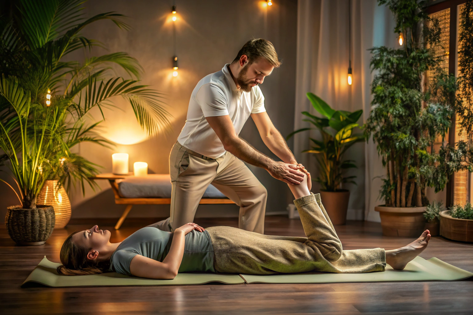 Eine Person liegt entspannt auf einer Matte, während ein Masseur sanfte Dehnübungen an ihren Beinen durchführt, in einem ruhigen Raum mit gedämpftem Licht und dekorativen Pflanzen im Hintergrund